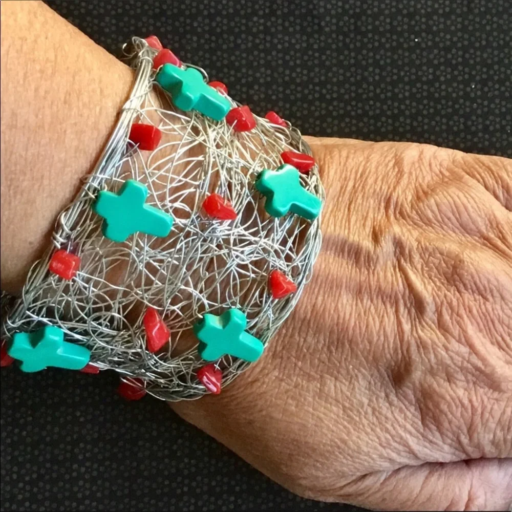 Turquoise & Red Agate Gemstone Free Form Cuff